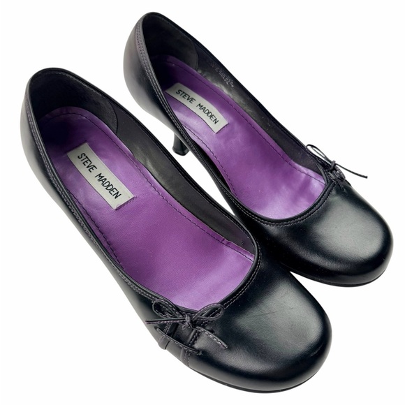 Steve Madden Shoes - Steve Madden Volit Black Leather Kitten Heel Pumps Bow Detail Size 8B